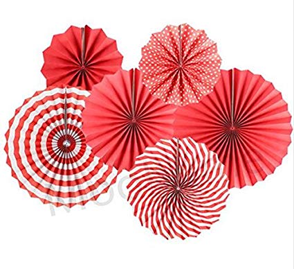 Moohome Red Hanging Paper Fans Set,Colorful Round Pattern/Paper Garlands for Party/Wedding/Birthday/Festival/Christmas/Event 6pc/Set