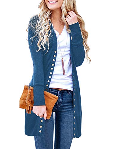 MEROKEETY Women's Long Sleeve Snap Button Down Solid Color Knit Ribbed Neckline Cardigans