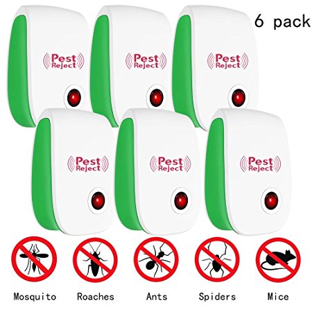 PESKI Pest Control Ultrasonic Repeller [6 Pack] - Electronic Repellent Plug In for Mosquitoes, Insects, Spiders, Mices, Roaches, Bugs, Flies, Fleas & Ants - Green