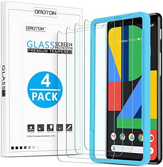 OMOTON [4 Pack] Screen Protector for Google Pixel 4, Tempered Glass/Alignment Frame/Scratch Resistant/Only Cover Display Area