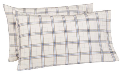 Pinzon 160 Gram Plaid Velvet Flannel Pillowcases - King, Cream/Blue Stripe Plaid