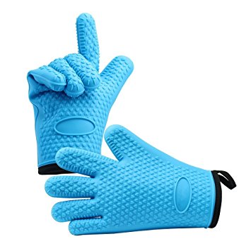 Professional Silicone Oven Gloves with Protective Cotton Layer - Heat Resistant Oven Mitts for BBQ,Cooking and Kitchen(Blue)