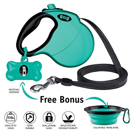 Ruff 'n Ruffus Retractable Dog Leash with Free Waste Bag Dispenser and Bags   Bonus Bowl | Heavy-Duty 16ft Retracting Pet Leash | 1-Button Control | Durable