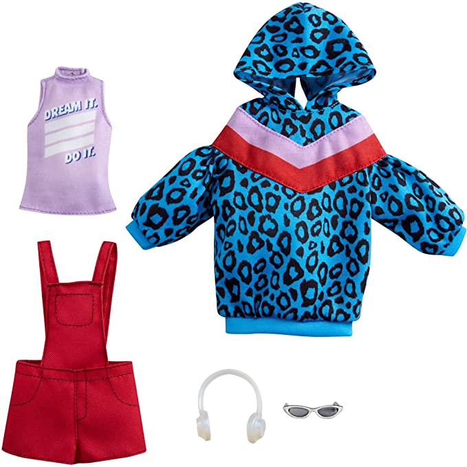 Barbie Fashions 2-Pack Clothing Set, 2 Outfits Doll Include Animal-Print Hoodie Dress, Graphic Top, Red Overalls & 2 Accessories, Guft for Kids 3 to 8 Years Old