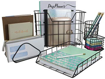 Sorbus Desk Organizer Set, 5-Piece Desk Accessories Set Includes Pencil Cup Holder, Letter Sorter, Letter Tray, Hanging File Organizer, and Sticky Note Holder for Home Or Office (Black)