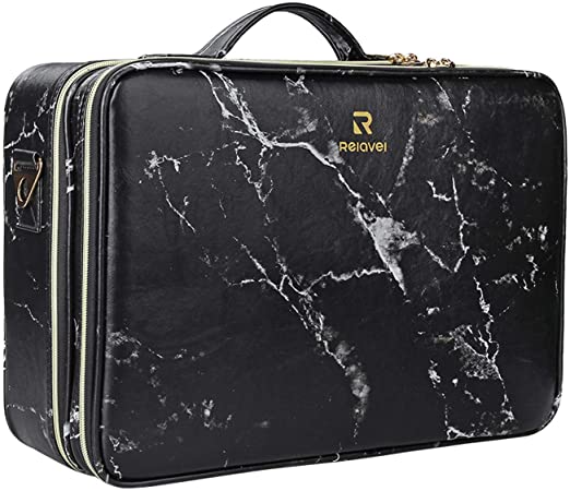 MONSTINA Large Makeup Travel Case Bag,Professional Makeup Artist Train Case with Brush organizer ,Large Capacity Marble Cosmetic Bag with Zipper Pocket and Adjustable Compartment for Palette Beauty