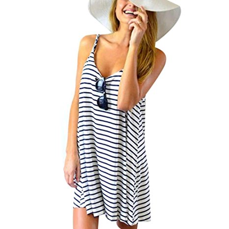 Tenworld Women Striped Beach Slip Dress Loose Party Casual Sundress Mini Dress
