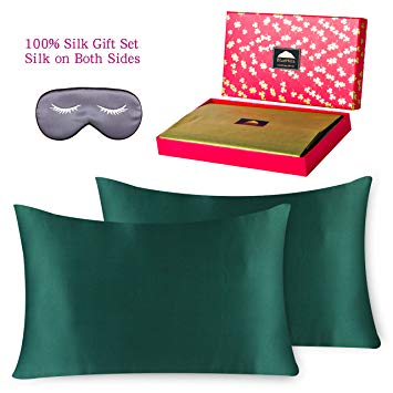 BlueHills Gift Set 100% Pure Mulberry Natural Soft Both Sides Silk Pillowcase 2 Pack 19 Momme 600 TC for Hair and Skin Hidden Zipper & Silk Eye Mask in Gift Box Hypoallergenic Queen, Green Q008