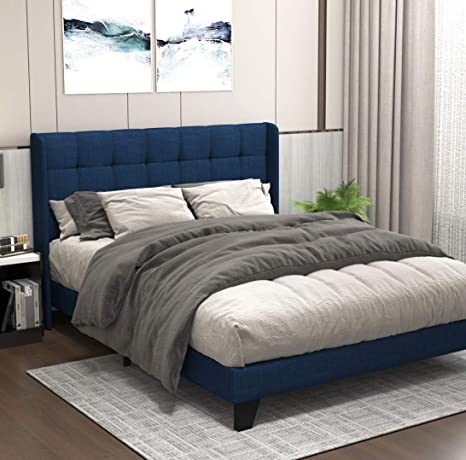 Allewie Navy Blue Full Size Bed Frame, Platform Bed with Fabric Upholstered Square Stitched Wingback Headboard and Wood Slats, Mattress Foundation/Box Spring Optional/Easy Assembly