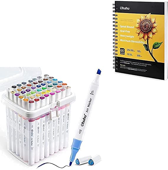 Ohuhu Markers, 48-color Double Tipped Alcohol Markers Ohuhu Marker Pads Art Sketchbook, 7.6" ×10" Large Paper Size