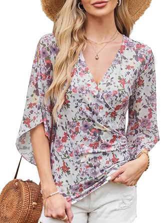 GRACE KARIN Summer Tops for Women 2024 Dressy 3/4 Chiffon Sleeve Wrap Blouses V Neck Business Casual Flowy Tops