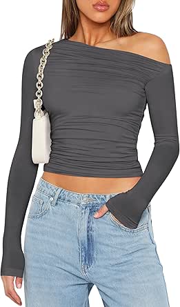 Zeagoo Womens Long Sleeve Off The Shoulder Casual Crop Tops Boat Neck Going Out Slim Fit Y2K T Shirts 2024