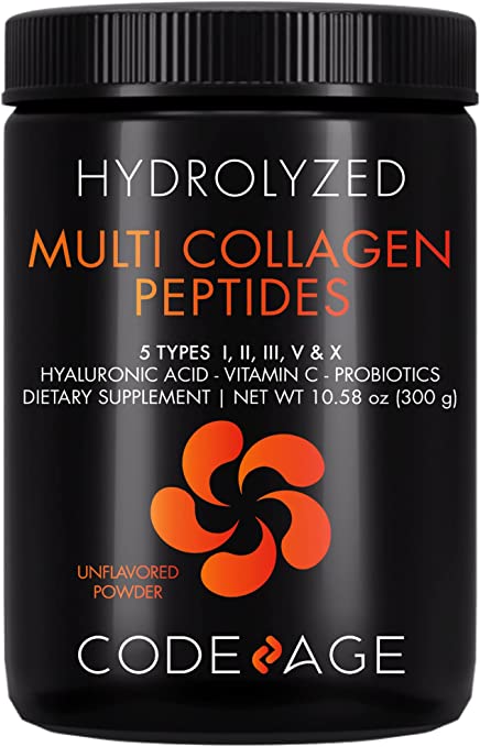 Codeage Multi Collagen Peptides   Probiotics Black Edition, Vitamin C, Hyaluronic Acid Powder Supplement, Grass-Fed, Pasture-Raised, Zero Carbs, Hydrolyzed Type I, II, III, V & X, Unflavored, 10.58 oz