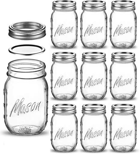 Regular-Mouth Glass Mason Jars, 16-Ounce Glass Canning Jars with Silver Metal Airtight Lids and Bands with Measurement Marks, for Canning, Preserving, Meal Prep, Overnight Oats, Jam, Jelly, (10 Pack)