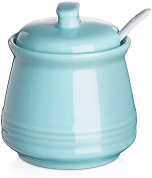 DOWAN Porcelain Sugar Bowl, 12 Ounce Ceramic Sugar Bowl with Lid, Sugar Bowl with Spoon and Lid, Sugar Canister, Coffee Bar Accessories, Suit for Coffee Bar, Restaurant, Turquoise, 12 Ounces