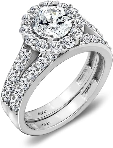 Amazon Collection Sterling Silver Flower Halo Ring set with Infinite Elements Cubic Zirconia