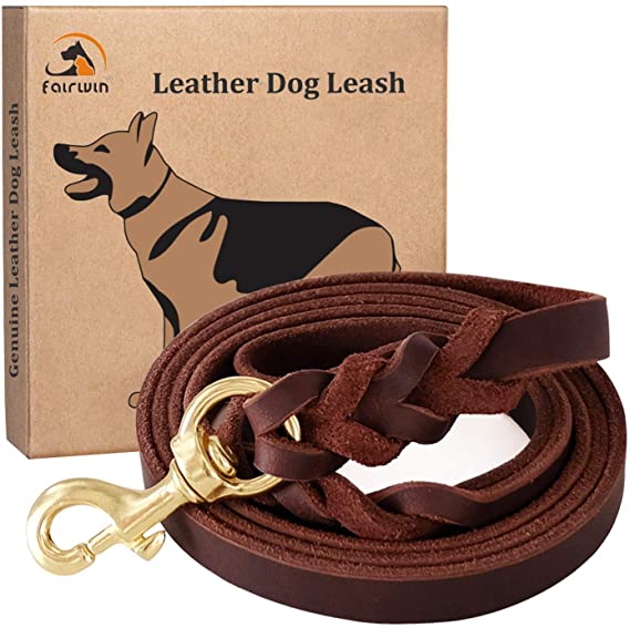 Fairwin Braided Leather Dog Training Leash 6 Foot - Best Military Grade Heavy Duty Dog Leash for Large Medium Small Dogs (5/8" Width, Brown) 004
