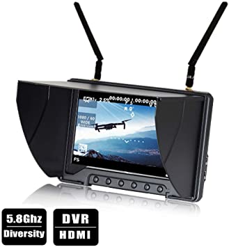 Flysight FPV Monitor Black Pearl RC801 with DVR 5.8G 40CH Wireless 7" LCD Screen Diversity Receiver 1024 x 600 HD Display Built in Battery Sunshade Hood for RC Quadcopter DJI Flying Wing (RPSMA ANT)