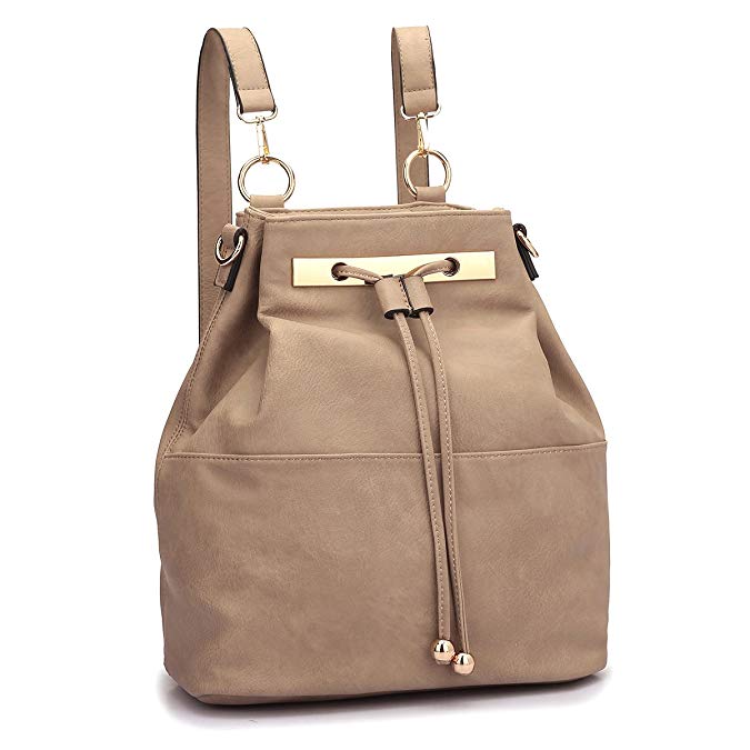 Dasein Fashion Leather Convertible Drawstring Bucket Bag and Backpack