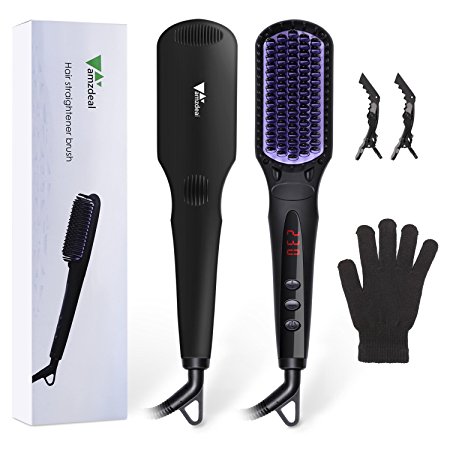 Amzdeal Hair Straightening Brush Anti-scaled Anion Spray Straightening Comb 240℉-450℉ Adjustable Temperature Fast MCH Heating  Electric Hair Brush with LCD Display