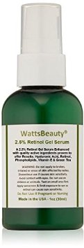 Watts Beauty 2.5% Retinol Gel Serum Enhanced with 50% Hyaluronic Acid, Vitamin E, Phospholipids & Green Tea - Formulated for Aging Skin, Uneven Skin Tones, Fine Lines, Wrinkles, Blemishes, Large Pores, Dull Skin, Sun Damaged Skin, Age Spots & More - Made in USA - No Parabens, No Alcohol, No Animal Testing or Ingredients (1oz)