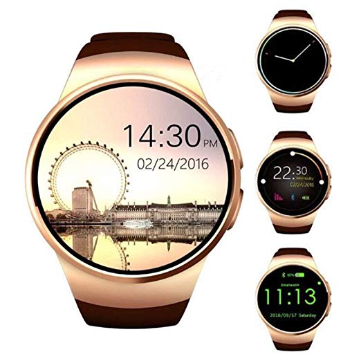 Smart Watch With Heart Rate Monitor and Smart Notifications,Round Touch Screen Bluetooth Smart Watches With SIM Card Slot and TF Card Slot Compatible With Apple iOS and Android Phones(Golden-K)