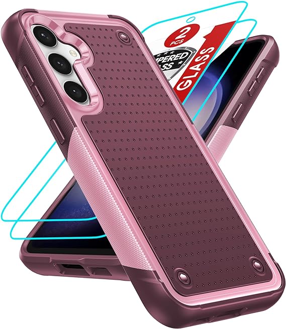 LeYi for S23 FE Case: Galaxy S23 FE Case with [2 Packs] Tempered Glass Screen Protectors, Dual Layer Protective Heavy Duty Hard PC Textured Back & Soft Bumper Case for Samsung S23 FE, Pink