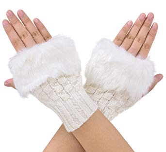 Verabella Women's Faux Fur Cable Knit Hand Warmers Fingerless Mittens Thumb Hole Gloves