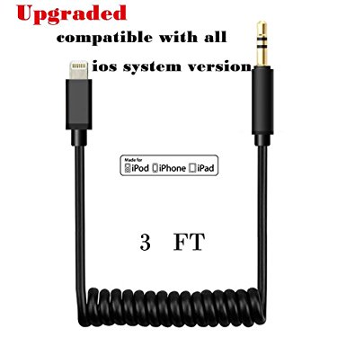 Coiled Car Audio Cable for iPhone 7 ,Seekermaker Lightning to 3.5 mm Headphone Jack adapter, lightning to 3.5 mm male Cable Audio Spring Cable for iPhone 7 7plus 6 6s 6 Plus