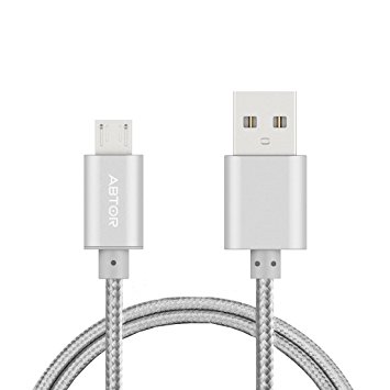 ABTOR 3.3ft 1m USB 2.0 A Male to Micro USB Male Cable, Nylon Braided Data Sync Charger Cord with Aluminum Shell Connectors for Android, Samsung, HTC, Motorola, LG, Sony, Blackberry, Other Tablet Smartphone (1 Pack, Silver)