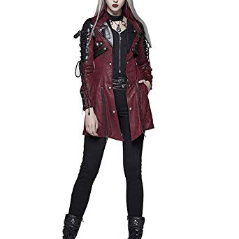 Punk Women's Trench Coat Gothic Bright PU Leather Full Zip Stand Collar Long Jacket Coat Slim Fit Casual Winter Outwear