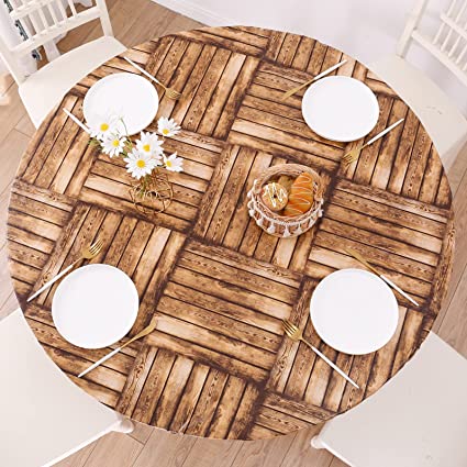 Round Vinyl Fitted Tablecloth with Flannel Backing Elastic Edge Design Table Cover Waterproof Oil-Proof PVC Table Cloth Stain-Resistant Wipeable for Round Table