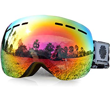 Snowledge Ski Goggles - Frameless Skiing Snow Goggles, Exchangeable Double Spherical Lens with Anti Fog, 100% UV Protection,Anti Slip Snowboard Goggles For Men and Women（Black&Red）