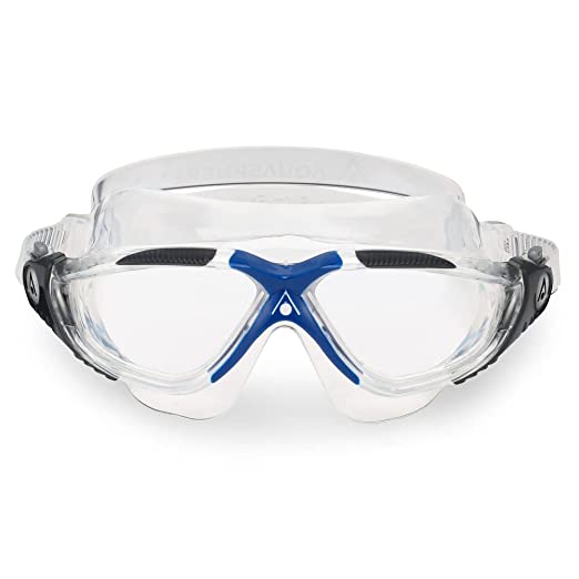 Aqua Sphere Vista Adult Unisex Swim Goggles - OneTouch Custom Fit, Wide Peripheral Vision - Durable Mask for Active Open Water Swimmers - Clear Lens, Transparent/Dark Grey Frame