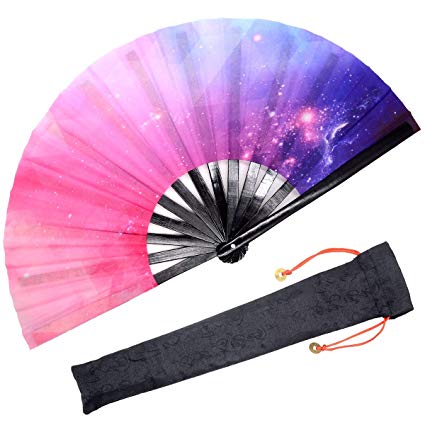 OMyTea Bamboo Large Rave Folding Hand Fan for Men/Women - Chinese Japanese Handheld Fan with Fabric Case - for Electronic Dance Music Festival Party, Performance, Decorations, Gift (Galaxy Dream)