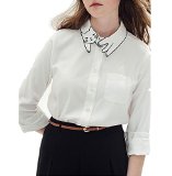 Persun Womens White Cat Pattern Collar Button Down Cotton Long Sleeve Shirt