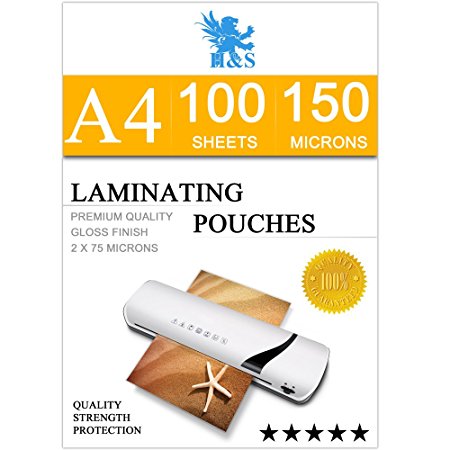 H&S 100 x A4 Laminating Pouches 150 Micron (2 x 75 Micron ) Gloss Laminator Pouches Sheets Glossy Laminate Pouch