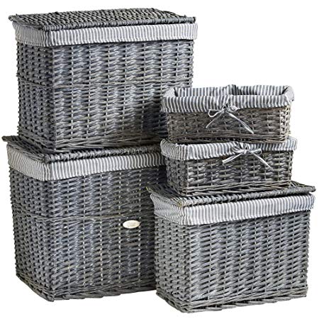 VonHaus Set of 5 Natural Wicker Storage Baskets and Trunks | Display Hamper and Storage for Bathroom, Living Room, Kitchen or Lounge | Decorative Gift Boxes w/Removable, Washable, Striped Lining