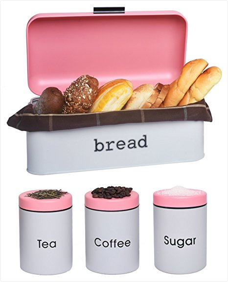 Bread Bin Box and Canister Set, Storage Boxes and Carriers with Lid, Gray & Pink