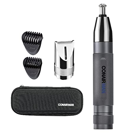 ConairMan Ear, Nose, and Eyebrow Hair Trimmer for Men, Cordless Battery-Powered Trimmer with Professional Metal Handle, Patent 360 Bevel Blade for No Pull, No Snag Trimming Experience