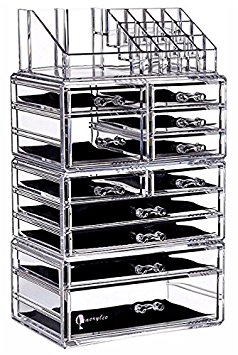 Cq acrylic Large 9 Tier Clear Acrylic Cosmetic Makeup Storage Cube Organizer with 11 Drawers. It Consists of 4 Separate Organizers, Each of Which Can be Used Individually -9.5"x6.5"x14.5"