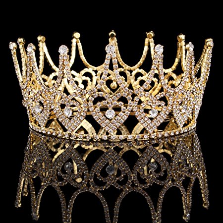 FUMUD High End Women Tiara Austrian Rhinestone Queen Crown luxurious Bride Hairband hair ornaments Wedding Party Accessories 2.9'' (Gold)
