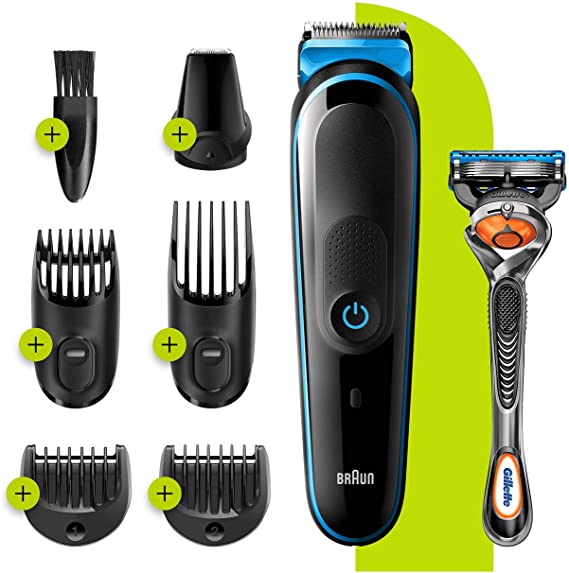 Braun 7-in-1 All-in-one Trimmer 3 MGK3245, Beard Trimmer for Men, Hair Clipper and Face Trimmer with Lifetime Sharp Blades and 5 Attachments, Black/Blue, UK Two Pin Plug