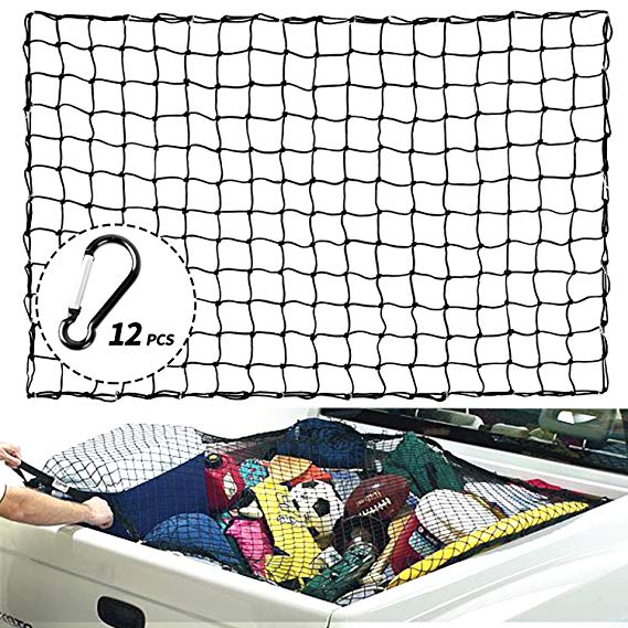 XCAR 4' X 6' Heavy Duty Bungee Cargo Net Stretches to 8' x 12' with 12pcs Aluminium Hooks - 4" X 4" Mesh - for Pickup Truck Bed Trailer SUV Rooftop Roof Rack Basket Travel Luggage Rack