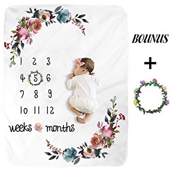 Baby Monthly Milestone Blanket - Floral Plush Fleece Baby Photography Backdrop Memory Blanket for Newborns Large - New Moms Baby Shower Gift Set