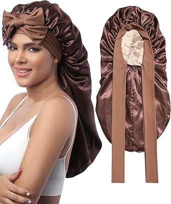 AWAYTR Long Satin Bonnet for Sleeping - Double Layer Reversible Silk Bonnet for Long Hair Women Sleeping Cap with Tie Band