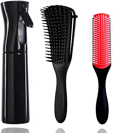 Hair Continuous Spray Bottle Set, 9-Row Cushion Nylon Bristle Brush  Detangling Brush Water Sprayer Brush Set Hair for Hairstyling, Cleaning, Plants & Misting, (300ML&10 Ounce, Black)