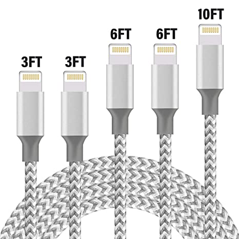 iPhone Charger,Mfi Certified 5Pack 3FTx2 6FTx2 10FT Lightning Cables to USB Syncing Data and Nylon Braided Cord Charger for iPhone XS/Max/XR/X/8/6Plus/6S/7Plus/7/8Plus/SE/iPad and More