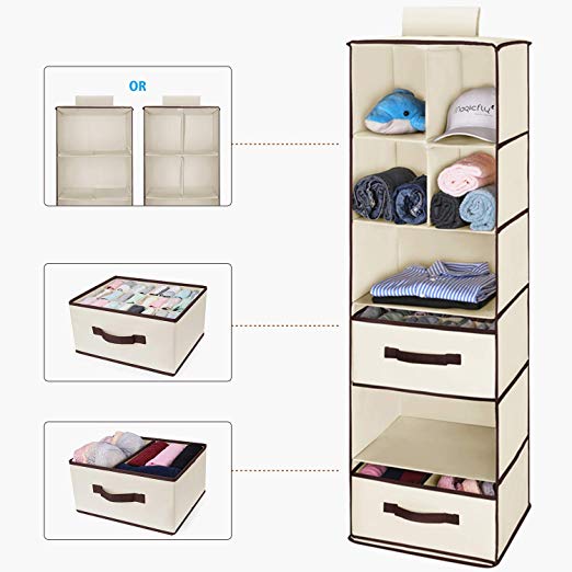 Magicfly 6-Shelf Hanging Closet Organizer with Drawers(1 Drawer with Divider & 1 Underwear Drawer), Foldable Clothes Hanging Shelf for Sweater, Bra, Socks, 44.9 X 13 X11.4 Inch, Beige