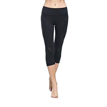 ONGASOFT Womens Capri Legging Yoga Pants Mesh Exercise Workout Leggings W Pocket